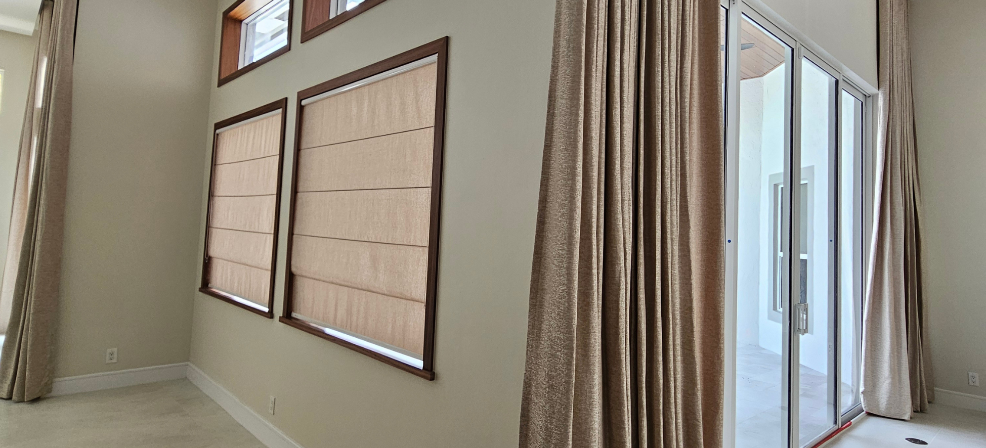 drapery, roller shades, roller blinds, sliding panel, roman shades, zebra shades, window tints / films